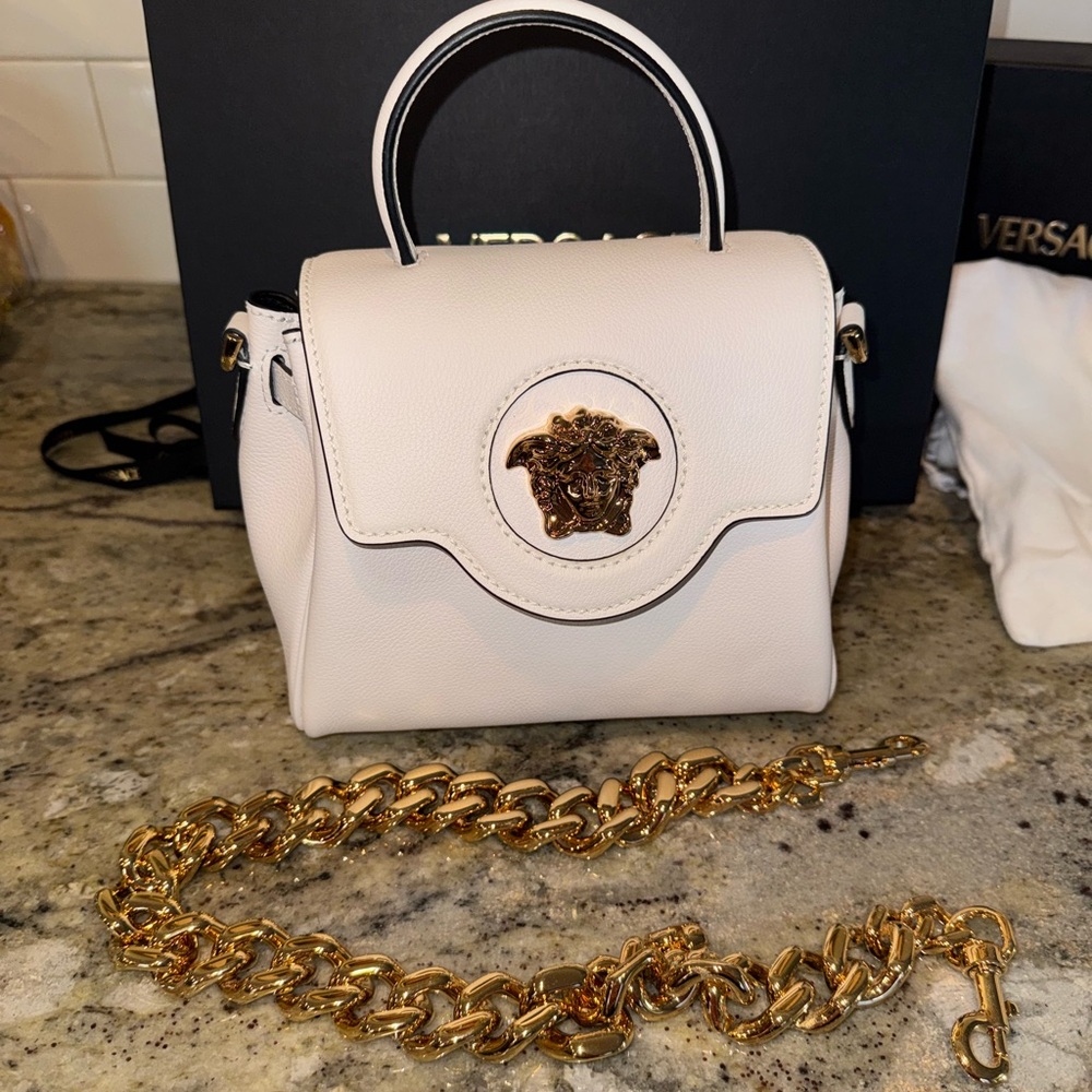 Versace Cream Handbag with Gold Chain